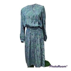 PURE Argenti 80s midi dress blue and green striped jacquard sz 12